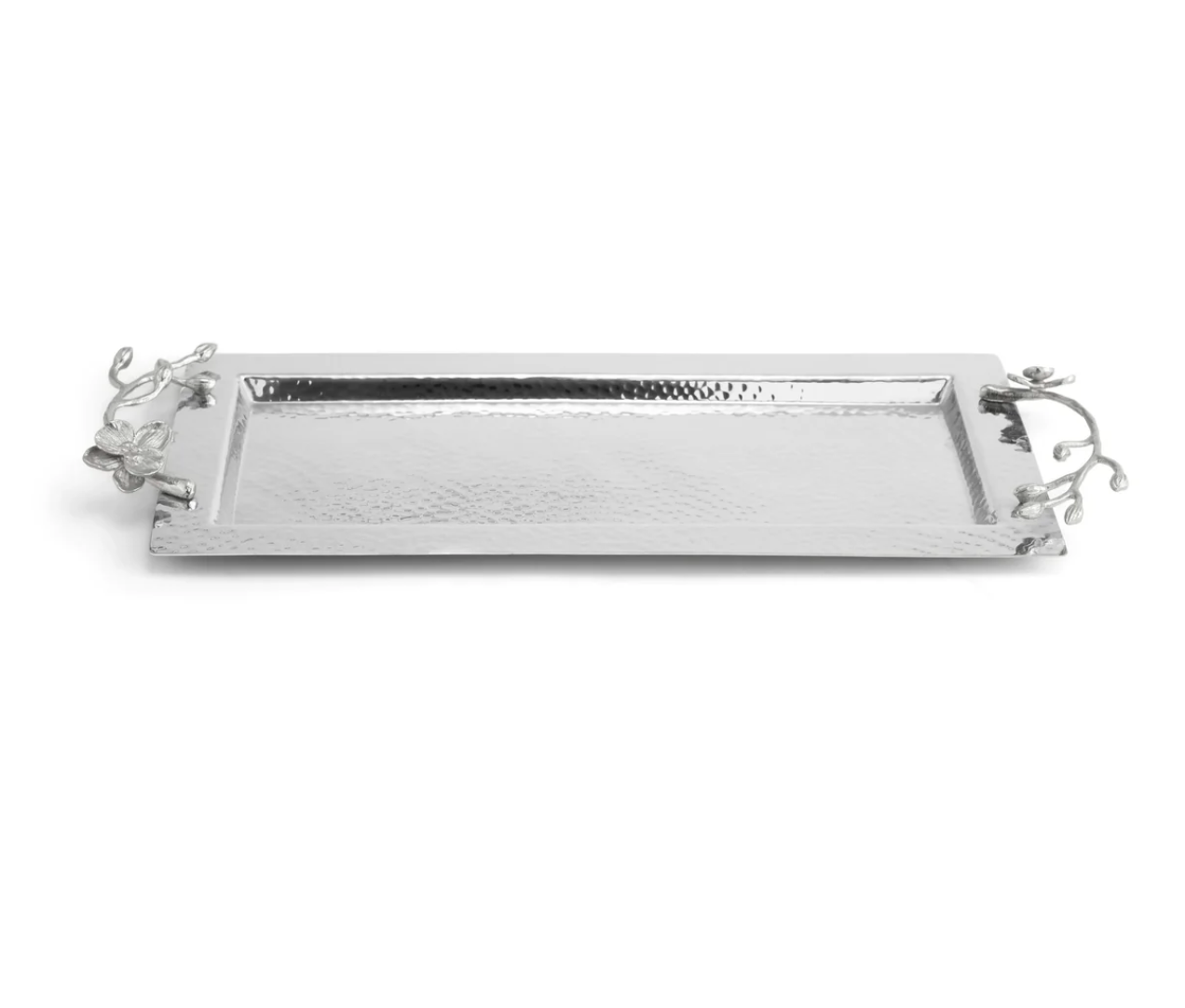 Rectangular silver serving tray with a hammered texture and decorative floral handles on both ends, perfect for elegantly displaying your White Orchid Soap Dispenser or coordinating with other pieces from the Michael Aram White Orchid Bath Collection.