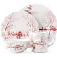 The Juliska Country Estate Winter Frolic Ruby Dinnerware Collection features white ceramic pieces with festive ruby scenes. This set includes two plates, a bowl, and a mug—perfect for adding charm to your seasonal gatherings.