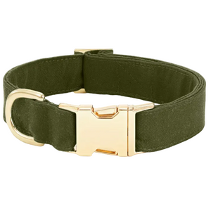 The Foggy Dog’s Olive Green Dog Collar features gold hardware, including a gold metal buckle and D-ring, and is displayed against a neutral white background.