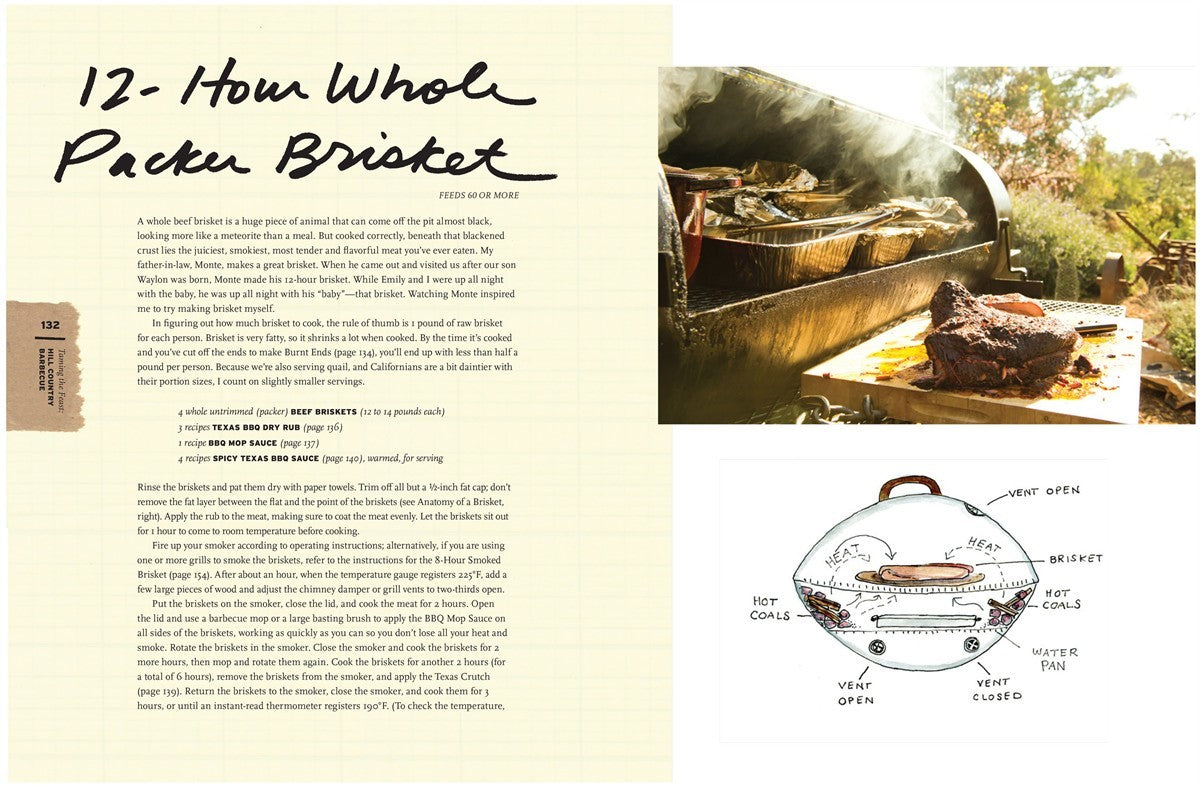 The page highlights a brisket recipe from Meat by Simon & Schuster, inspired by classic butcher techniques, includes a photo of meat cooking in a smoker outdoors, and features a labeled diagram of a grill illustrating airflow and heat distribution.
