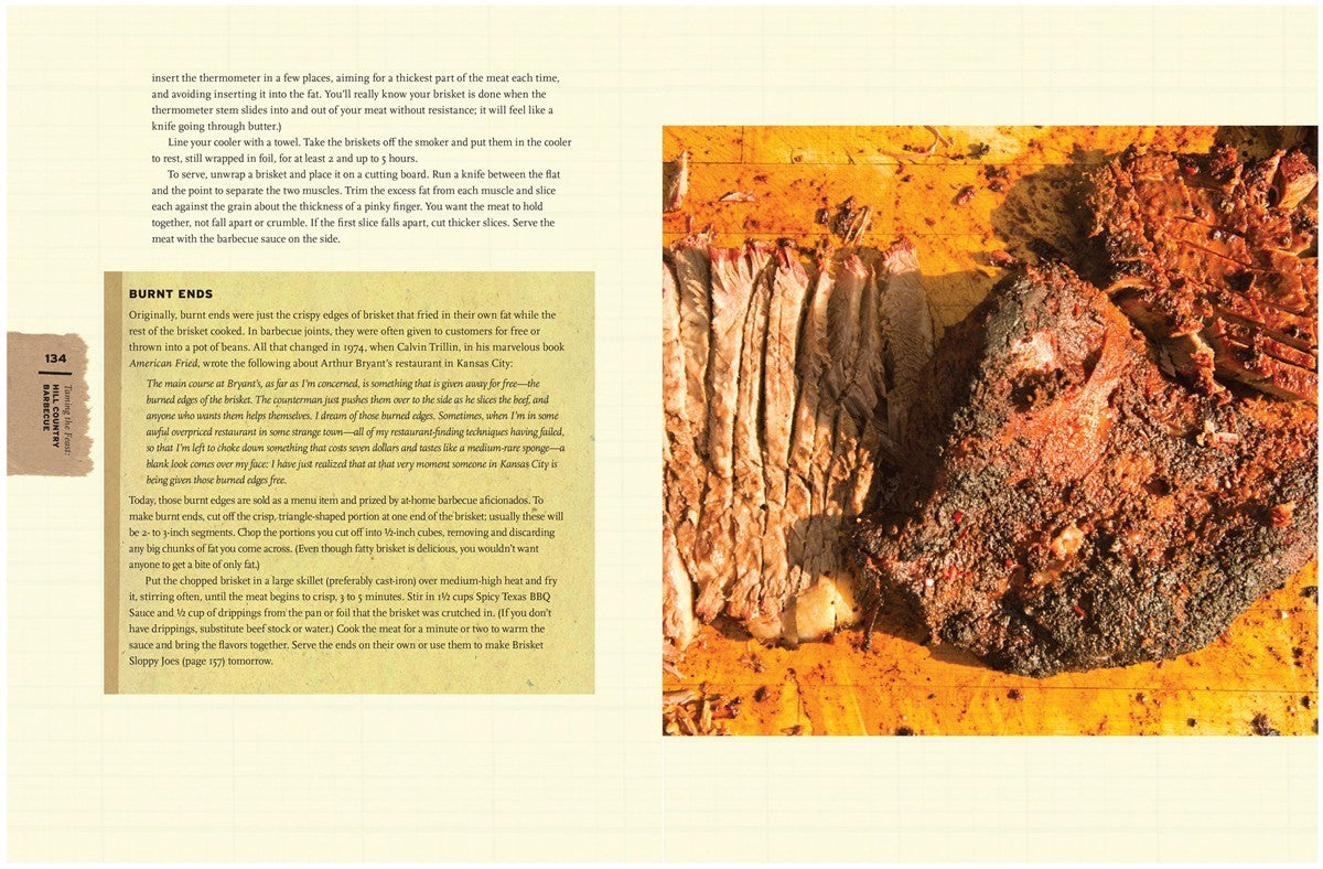 A close-up of sliced barbecued brisket with a burnt end from Simon & Schuster’s Meat is displayed on a yellow cutting board, highlighting expert butcher techniques, next to a text box describing burnt ends.
