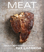 A cooked T-bone steak on a textured surface with salt, featured on the cover of “Meat” by Simon & Schuster, highlights expert knowledge of prime meat cuts and serves as an essential guide for meat recipes.