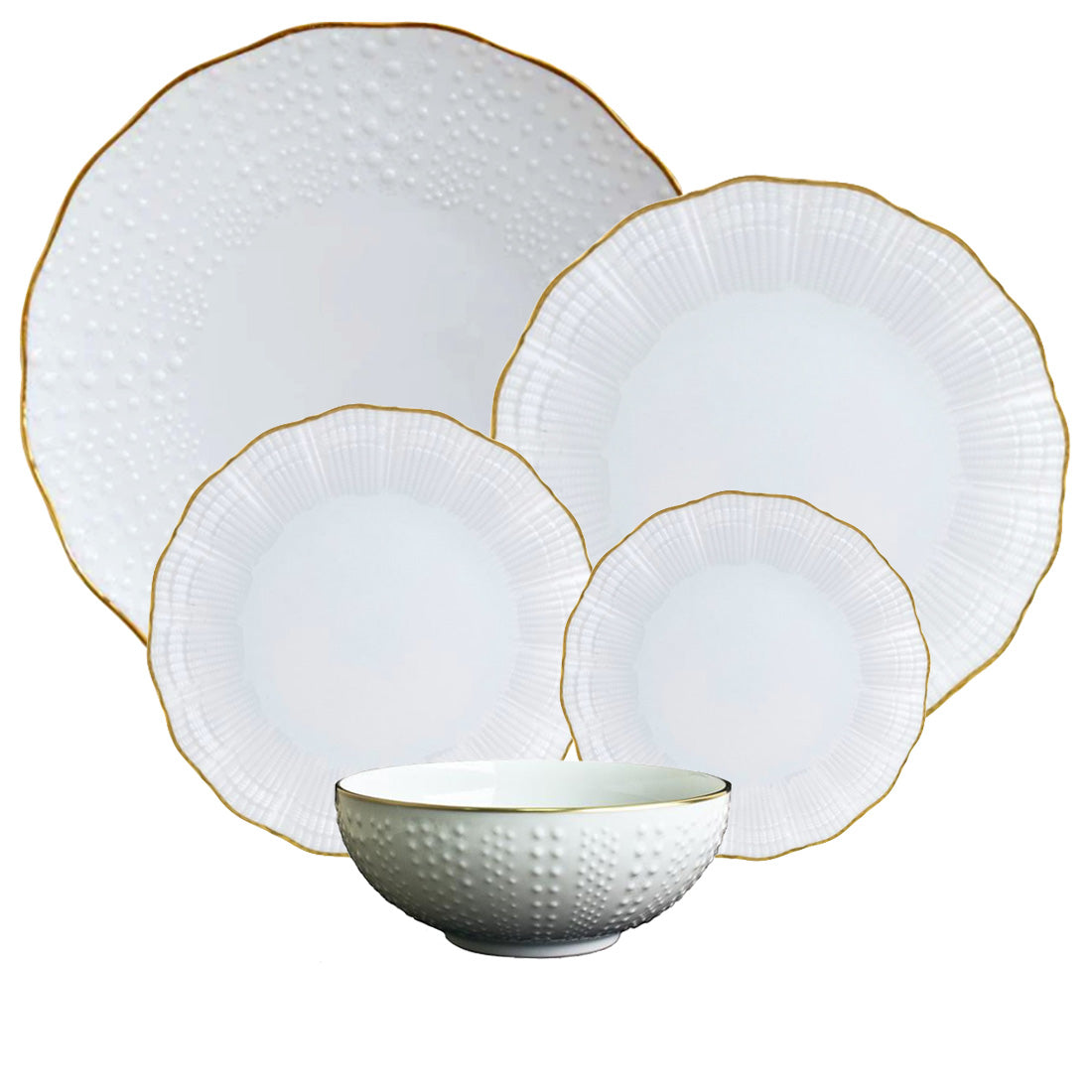 The Corail Gold Collection by Medard de Noblat/Devine features five white ceramic dishes with textured patterns and gold rims—four plates of varying sizes and a bowl—for an elegant, whimsical addition to your dinnerware.