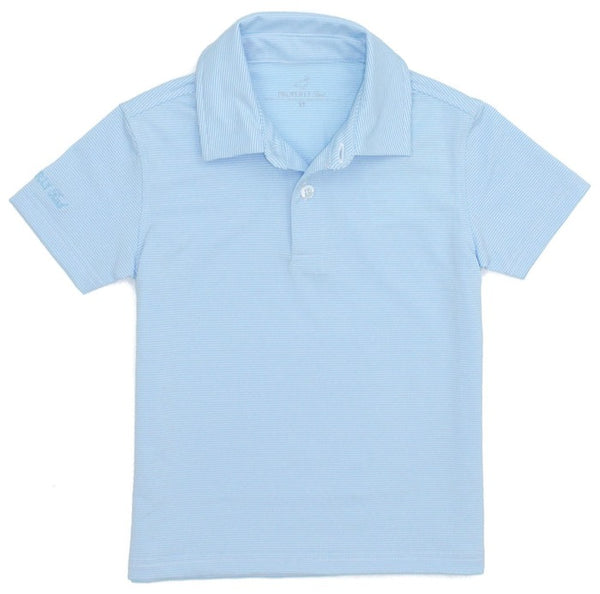 A comfortable light blue short-sleeve classic polo shirt with a collar and three buttons, from the Properly Tied Boys' Gulfport Polo collection. The shirt is laid flat.