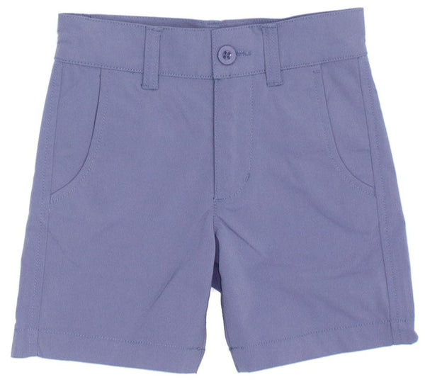 A pair of Properly Tied Boys' Driver Shorts in lavender color with pockets and a button closure on a light background.