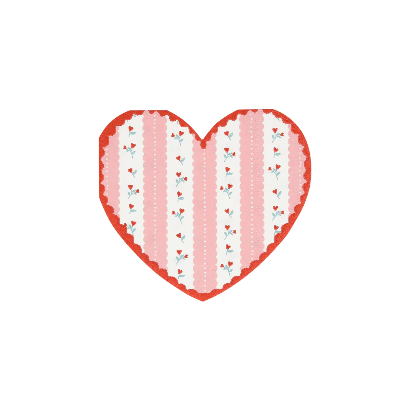 Heart-shaped paper napkin with pink and white pattern on a light gray background