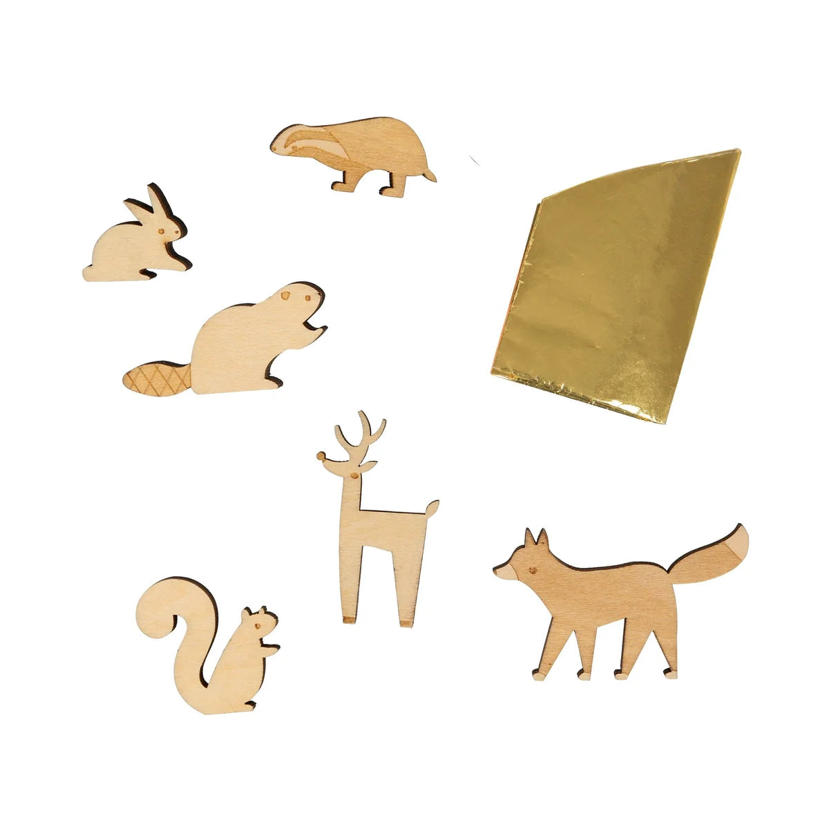 Seven wooden animal and nature figures—including a rabbit, badger, beaver, deer, squirrel, fox, and a gold foil accent—are arranged on a white background as part of the Turkey Party Crackers by Meri Meri, making charming party favors for your Thanksgiving table.