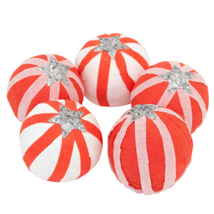 Five Peppermint Candy Surprise Balls by Meri Meri, round with red and white stripes and a silver glitter star, arranged together—perfect festive stocking fillers or party bag treats for any celebration.