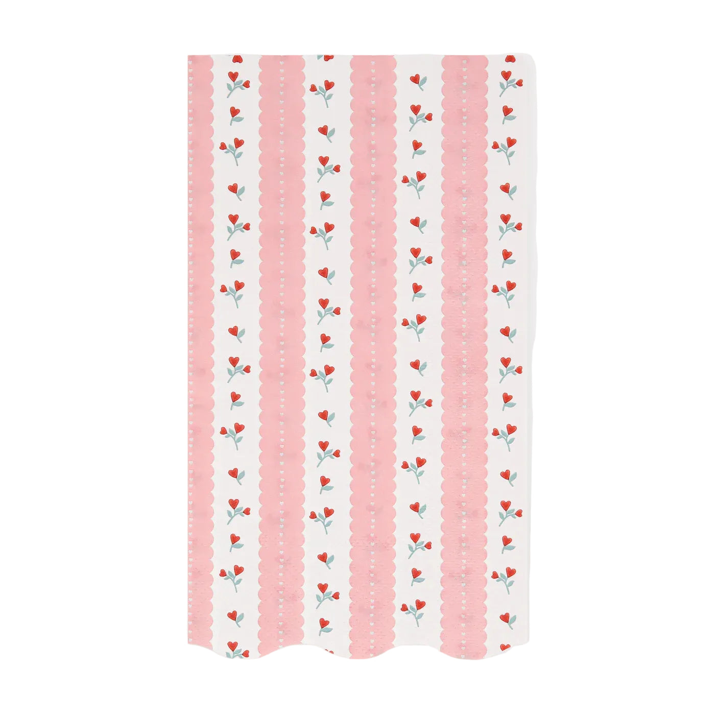 The Meri Meri Vintage Rose Collection sheet features vertical pink stripes, rows of small red flowers on white, and a scalloped bottom edge for a vintage-inspired look.