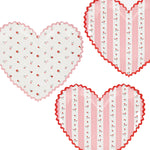 Three heart-shaped paper plates with floral and striped patterns on a white background