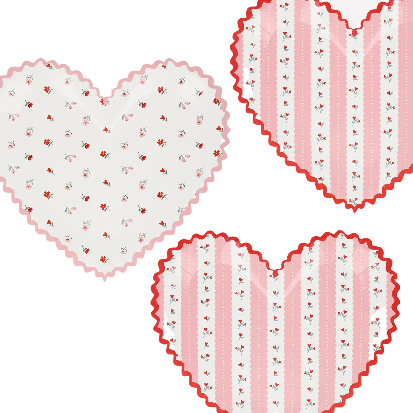 Three heart-shaped paper plates with floral and striped patterns on a white background
