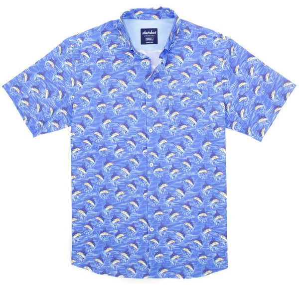 The Properly Tied Boys' Shordees Summer Shirt by Properly Tied is a blue, short-sleeve button-up shirt adorned with a repeating pattern of Jumpin' marlins, perfect for your sea adventures.