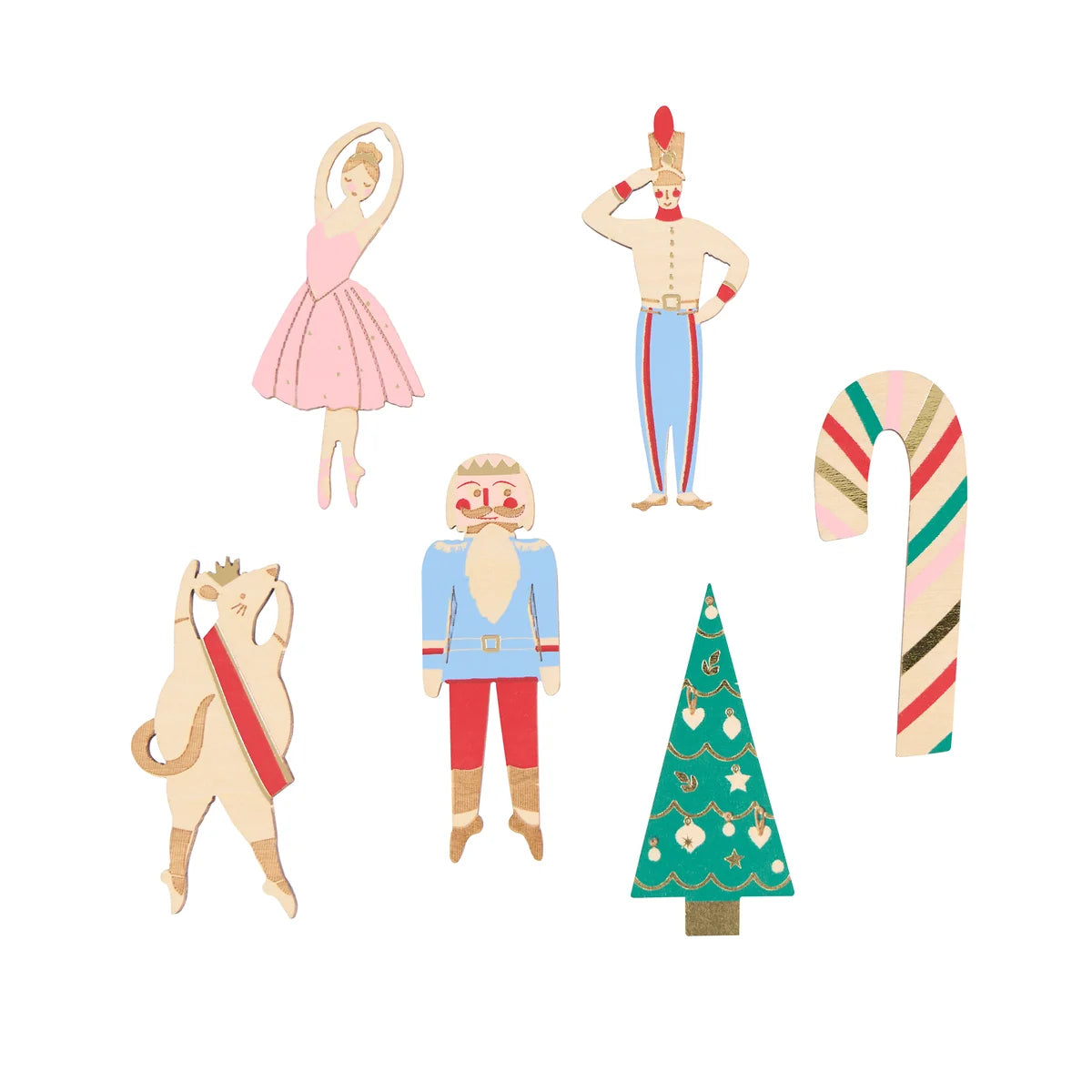 Nutcracker Ballet Crackers featuring six festive paper cutouts: a ballerina, soldier, mouse king, nutcracker, Christmas tree, and candy cane.