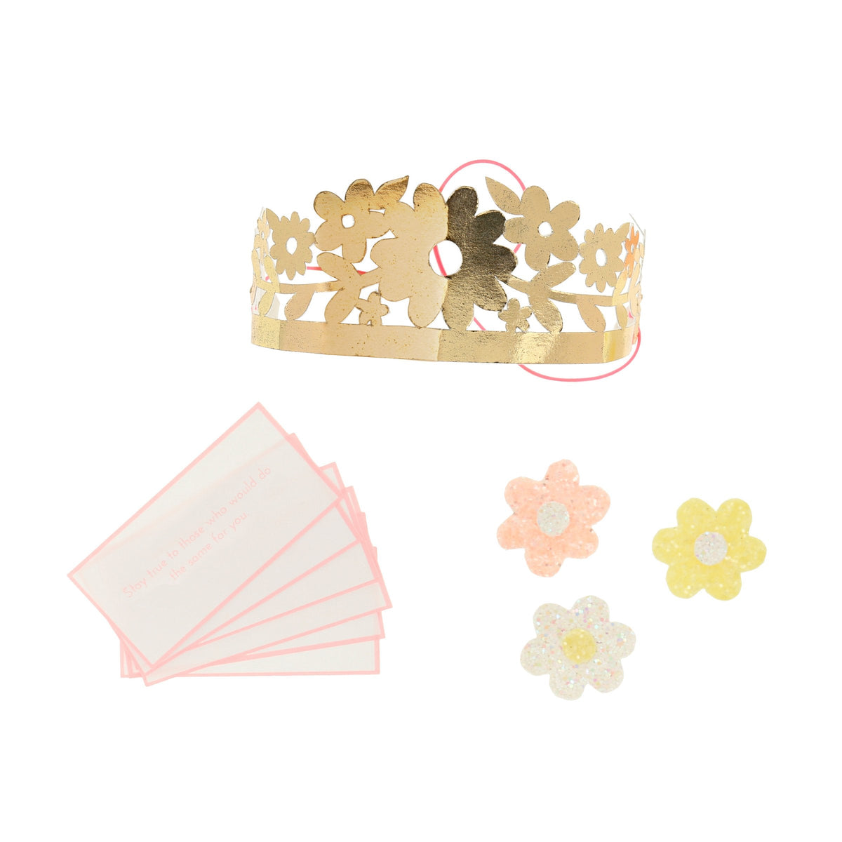 Decorate your party table with Meri Meri’s Pink Tissue Floral Crackers, gold floral paper crown, four pastel flower cutouts, and four pink-bordered cards for a charming bridal shower display.