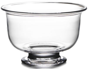Empty Revere Bowl Collection trifle bowl by Simon Pearce, featuring clear glass with a wide, flared rim and short pedestal base; handmade using traditional glassblowing techniques, photographed on a white background.