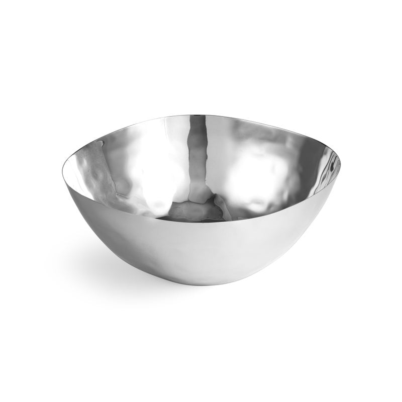 The Reflective Serveware Collection by Michael Aram features a square, silver-toned metal bowl in high-polished stainless steel with smooth, curved sides, showcasing modern elegance against a white background.
