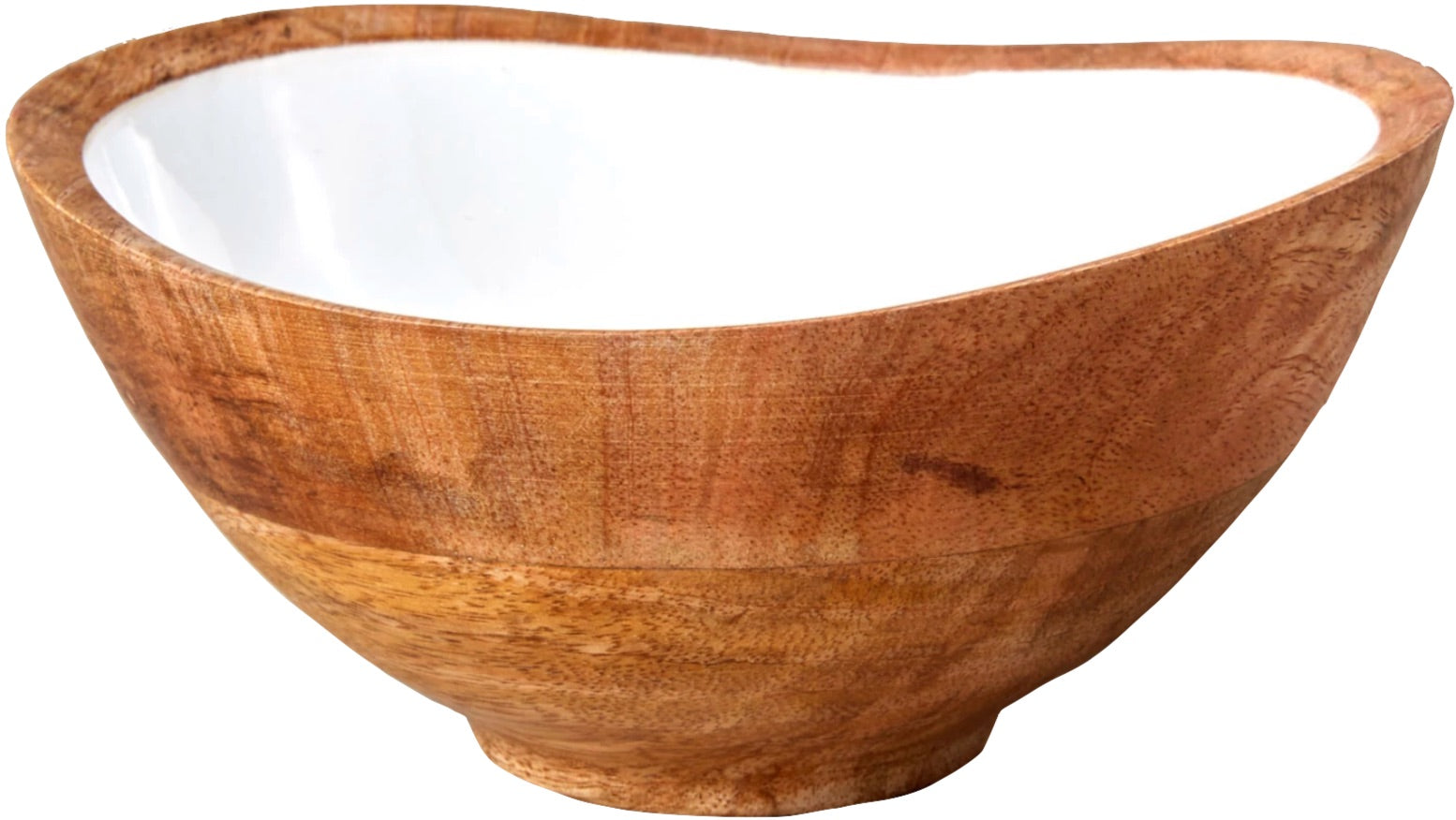 The Madras Bowl Collection by Be Home features handcrafted mango wood bowls with smooth white interiors and asymmetrical rims, photographed on a white background. Sustainably sourced for eco-conscious living.
