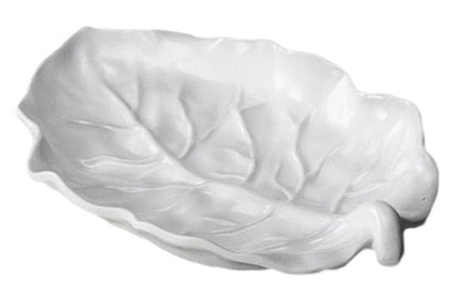 White ceramic dish shaped like a leaf, featuring raised veins and curved edges, captures the elegance of Beatriz Ball's Vida Lettuce Serveware Collection in luxury melamine—viewed from above on a plain background.