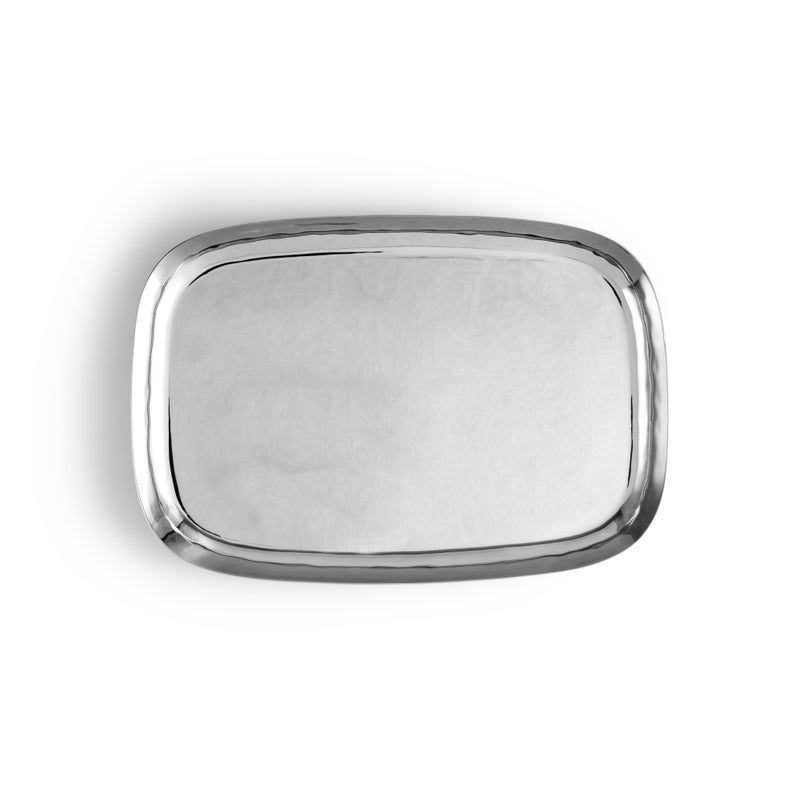 The Michael Aram Reflective Serveware Collection features a rectangular serving tray in high-polished stainless steel with rounded corners, showcasing modern design against a white background.