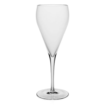 A clear, empty flute from the Melody Drinkware Collection by William Yeoward Crystal, featuring a long stem and rounded bowl, stands against a plain white background—ideal for discerning wine lovers.
