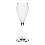 A clear, empty champagne flute with a long stem and round base from the William Yeoward Crystal Melody Drinkware Collection, perfect for wine lovers, photographed against a white background.