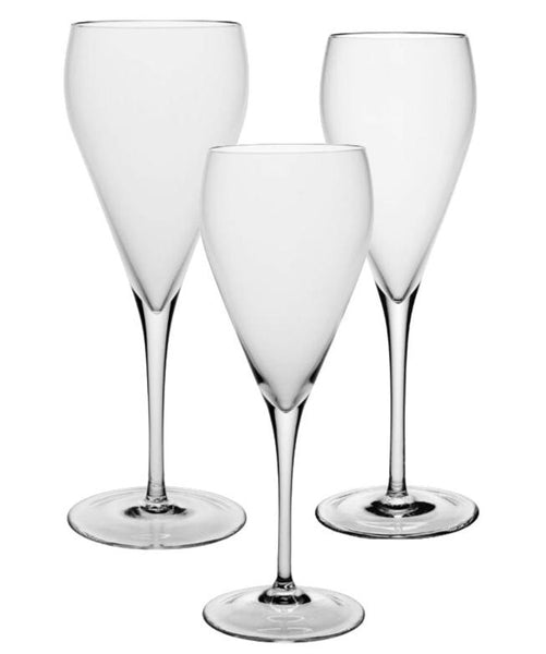 Three clear champagne flutes of varying heights from the exquisite William Yeoward Crystal Melody Collection are displayed against a white background, perfect for any wine lover's refined taste.