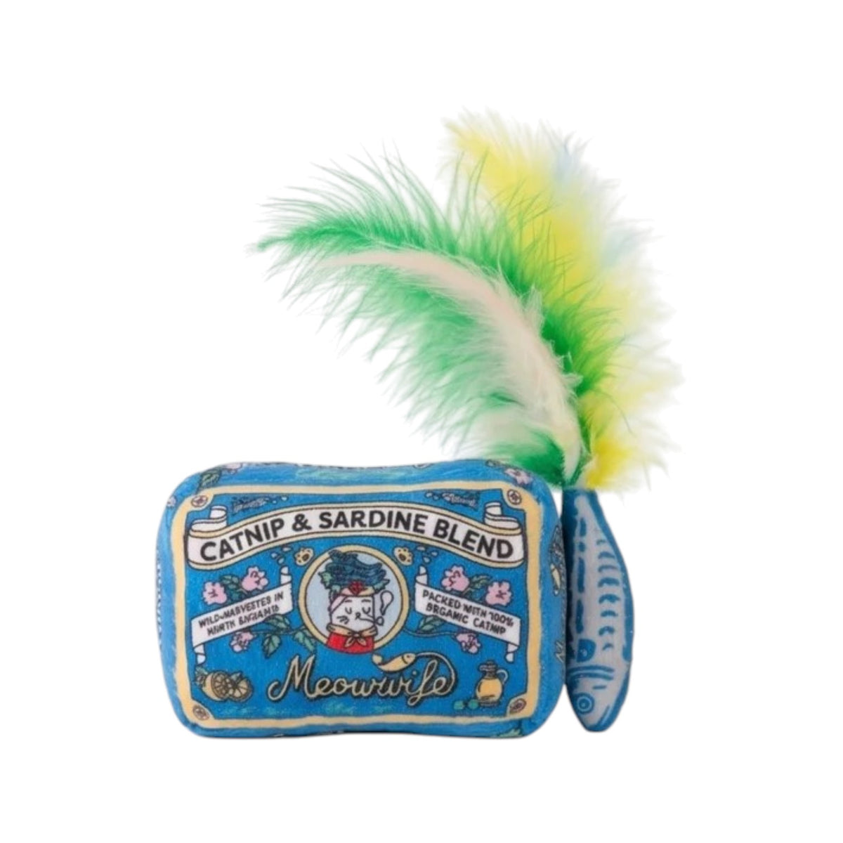 The Meowwife Sardines Cat Toy by Haute Diggity Dog features a blue design with a “Catnip & Sardine Blend” label, playful cartoon cat artwork, and is topped with green and yellow feathers plus a small blue fish decoration. Filled with organic catnip, this unique toy promises hours of interactive fun—perfect for playful cats who love something special!.