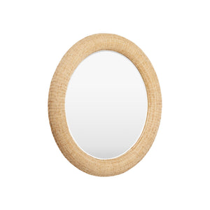 The Yuri Rattan Mirror by Made Goods features a round, wide handwoven rattan frame, shown against a white background—perfect for adding natural style to your decor.