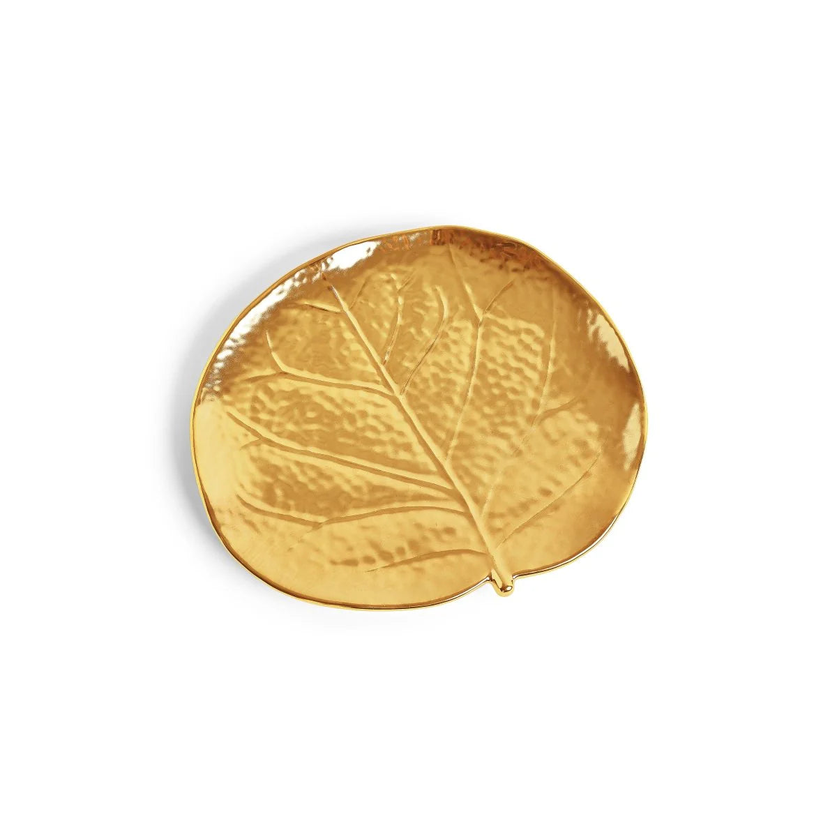 The Michael Aram Botanical Leaf Gold Tidbit Plate Set features gold-toned ceramic plates shaped like leaves with detailed veins, ideal as botanical coasters or elegant table decor.