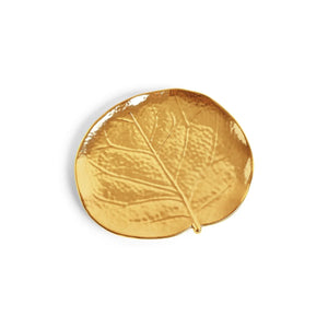 The Michael Aram Botanical Leaf Gold Tidbit Plate Set features gold-toned ceramic plates shaped like leaves with detailed veins, ideal as botanical coasters or elegant table decor.