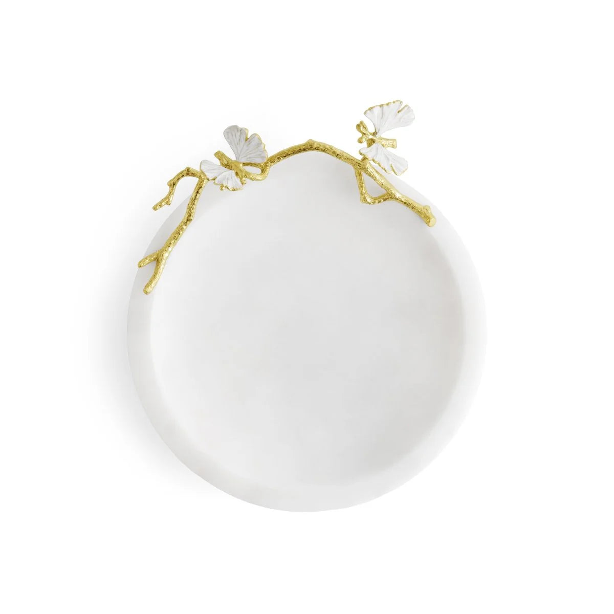The Michael Aram Butterfly Ginkgo Gold Trinket Dish is a round white luxury piece with gold-toned branches and white leaf accents along the rim, perfect for elegant decoration or storing trinkets.