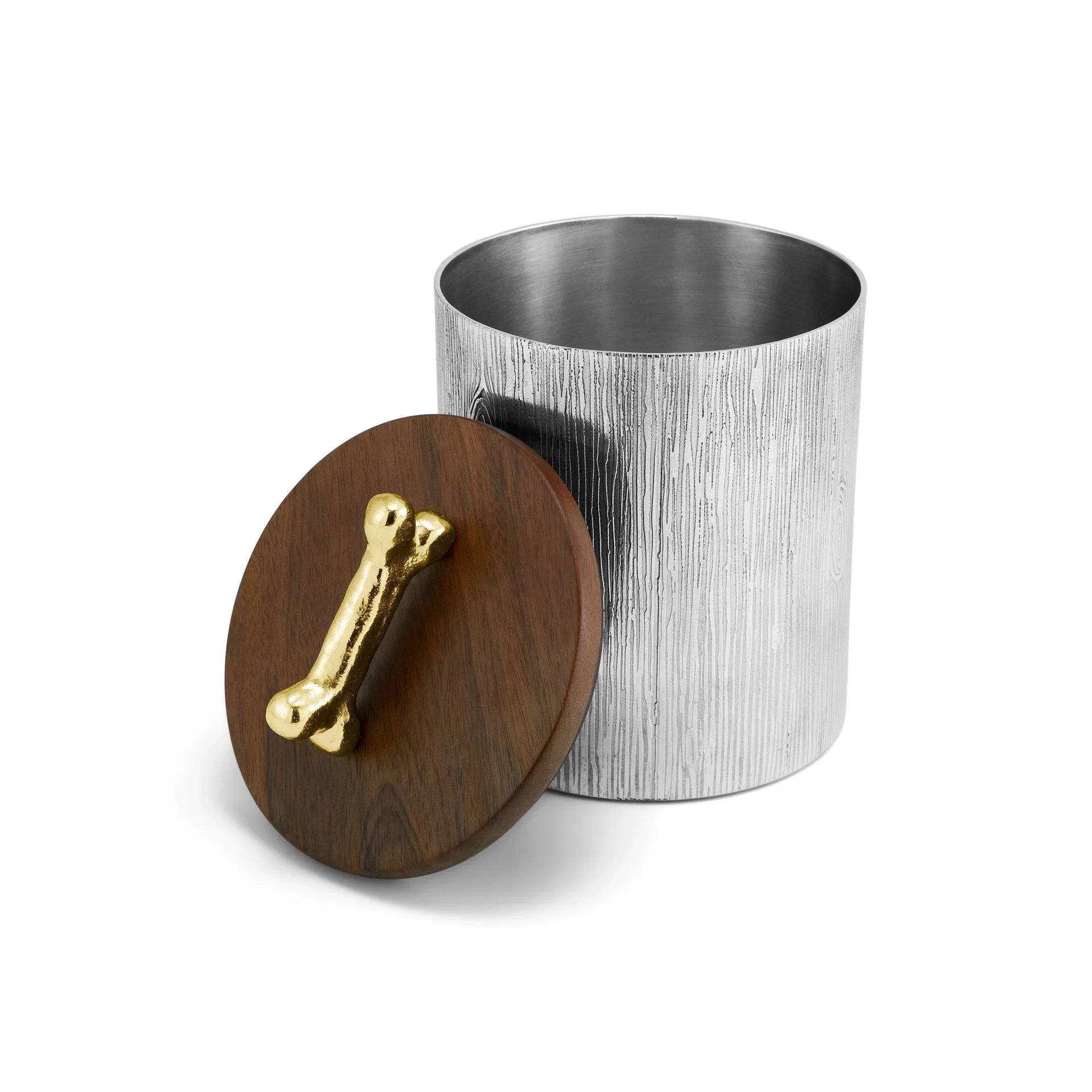 A charming piece from Michael Aram’s Flights of Fancy Collection, the Dog Bone Canister features a metal container with a wood-textured lid topped by a gold, bone-shaped handle—perfect for adding whimsical style to your home décor.