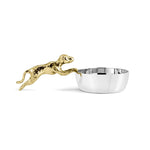 Introducing the Dog Scoop by Michael Aram—a polished silver bowl featuring a gold-colored, hand-sculpted clay running dog attached to the rim. Perfect for adding whimsical decor to your home, this piece is part of the Flights of Fancy Collection.