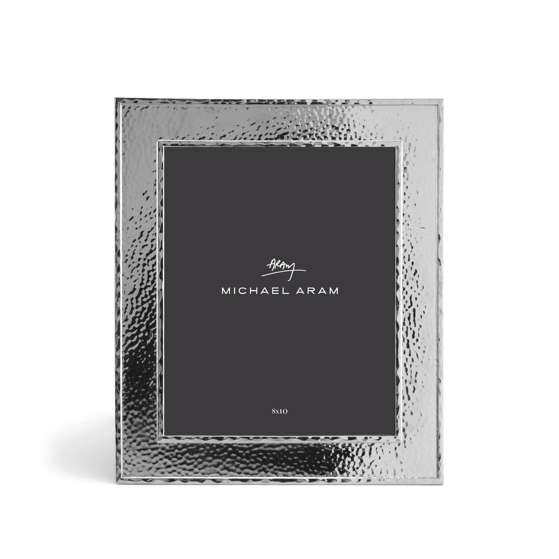 A Hammertone Frame by Michael Aram, featuring a hammered silver rectangular design with a distinctive metal texture and a dark placeholder card displaying “Michael Aram” and “Satin” in white text.