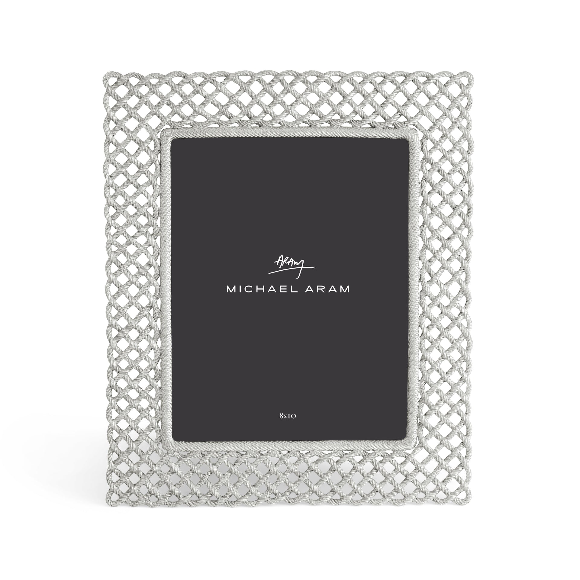 The Michael Aram Love Knot Silver Frame Collection features an 8x10 inch silver metal photo frame with a lattice design and includes a placeholder card.