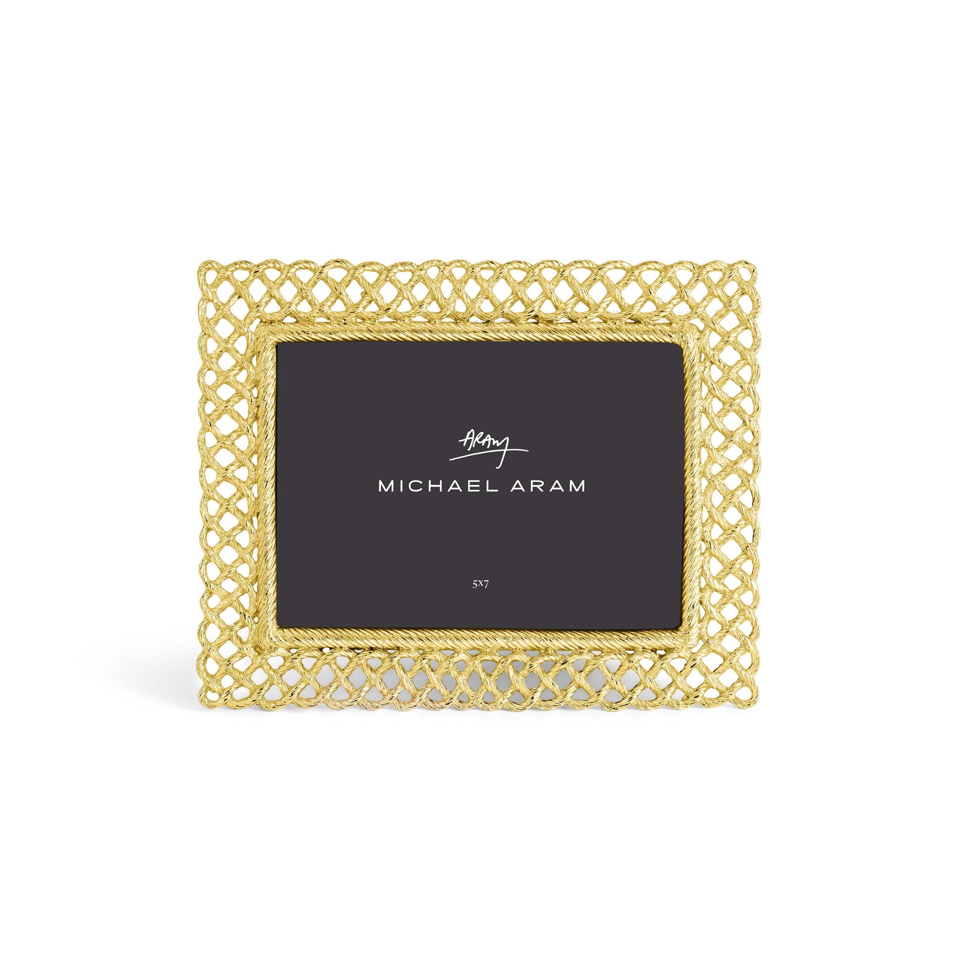 The Michael Aram Love Knot Gold Frame Collection features a gold lattice photo frame with a black card at the center, inspired by the Love Knot motif to symbolize unity and connection.