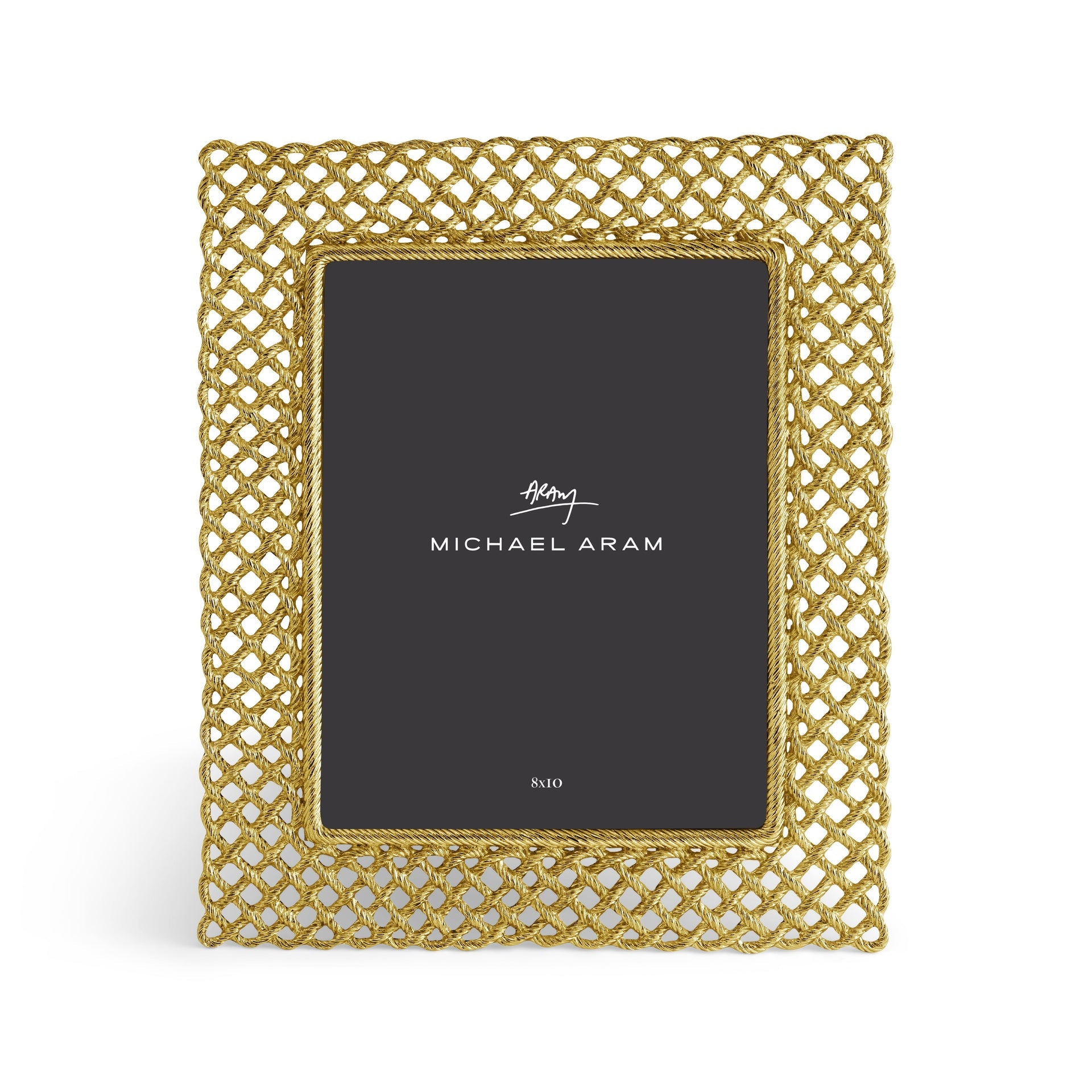 The Love Knot Gold Frame Collection by Michael Aram features a rectangular frame with an intricate gold lattice design, beautifully symbolizing unity, and includes a placeholder marked "Michael Aram" with the size 8x10.