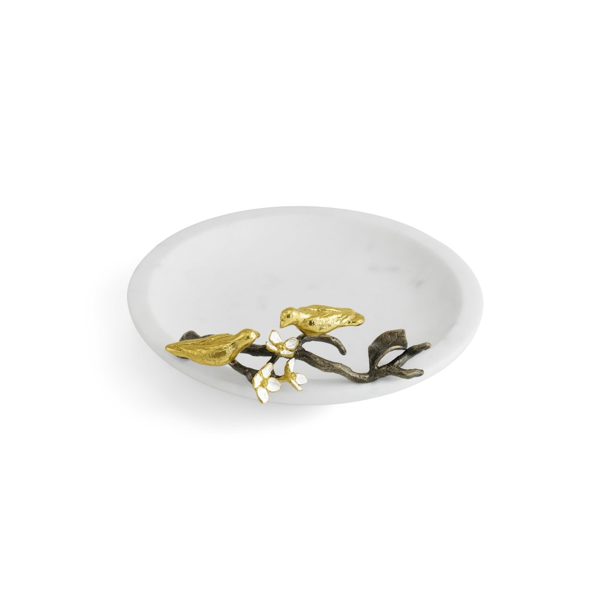 The Michael Aram Lovebirds Trinket Dish is a round white marble jewelry holder featuring two gold-colored lovebirds and small white flowers on a Tree of Life-inspired branch.