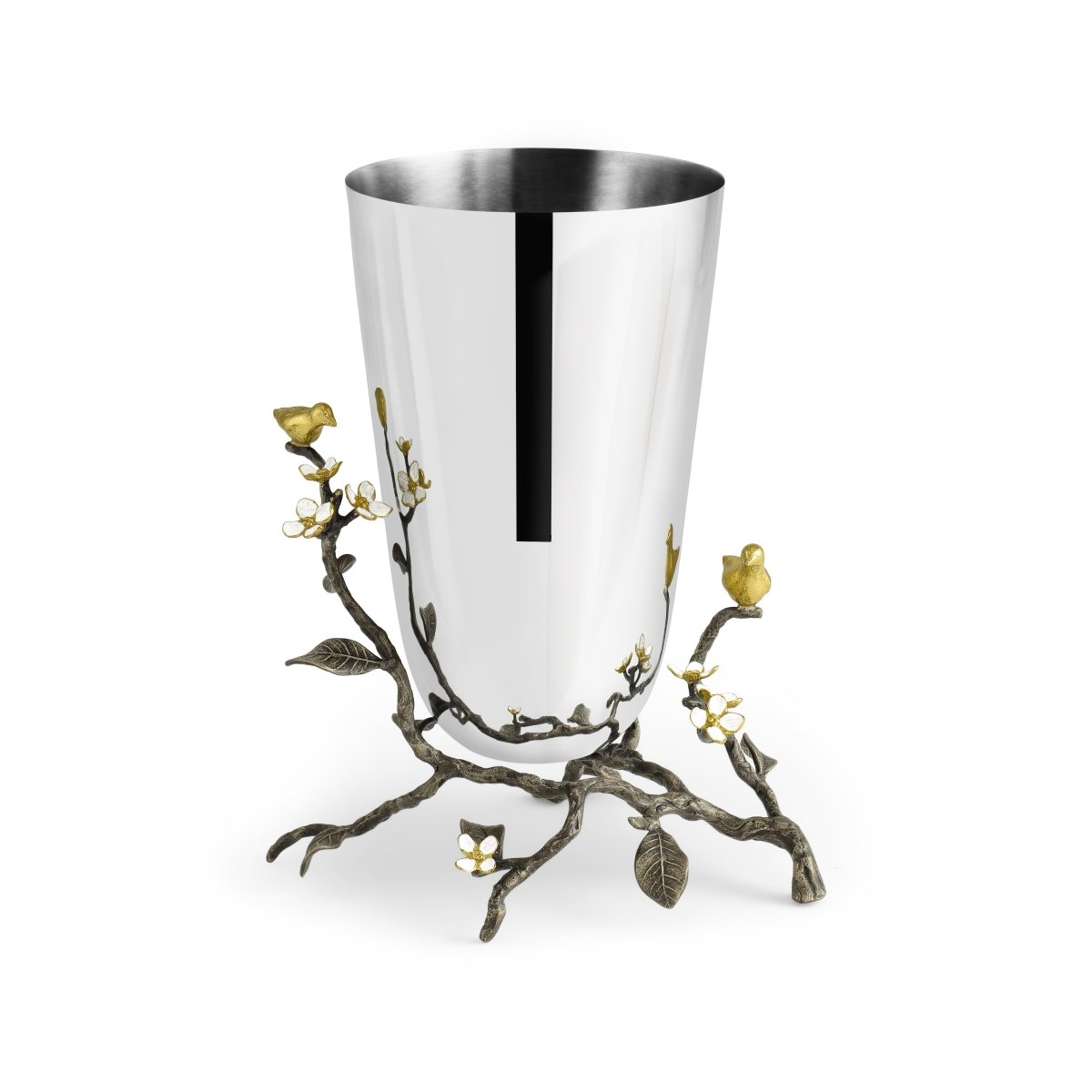The Michael Aram Lovebirds Vase Collection features a silver vase with a wide opening, displayed on a bronze-toned Tree of Life stand adorned with gold birds and white flowers—a unique accent for any space.