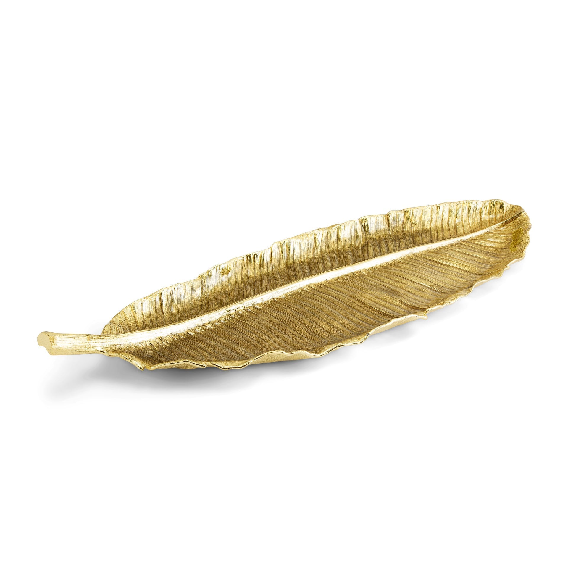 A gold, leaf-shaped tray with textured details and a gently curved form from Michael Aram's New Leaves Serveware Collection brings handcrafted, nature-inspired decor to your space.