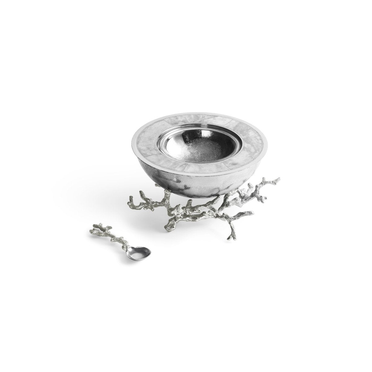 A silver bowl and spoon with coral branch motifs from Michael Aram's Ocean Reef Serveware and Barware Collection, shown on a white background.