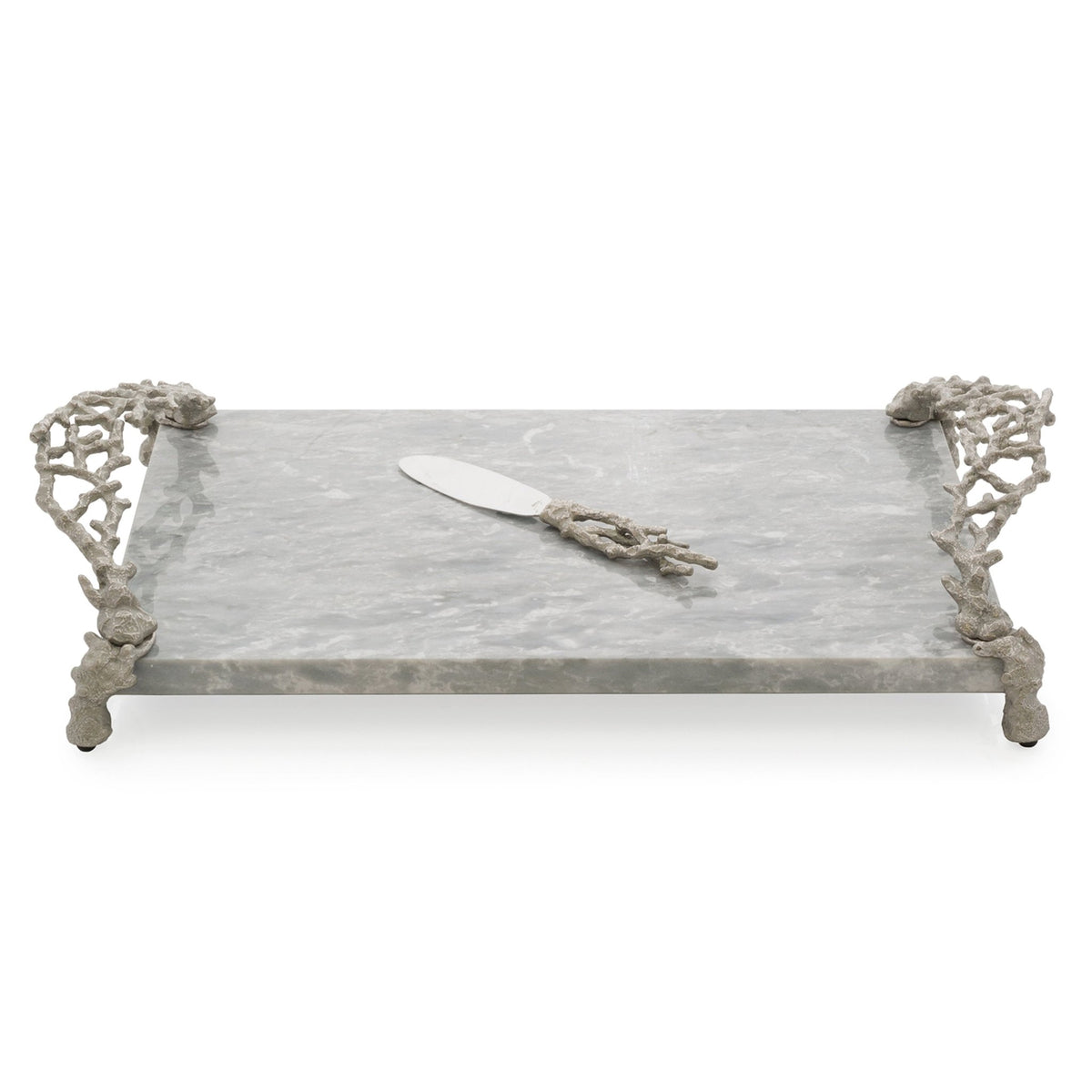 Rectangular marble serving tray with ornate metal handles and feet from the Michael Aram Ocean Reef Serveware and Barware Collection, paired with a matching cheese knife resting on the tray.