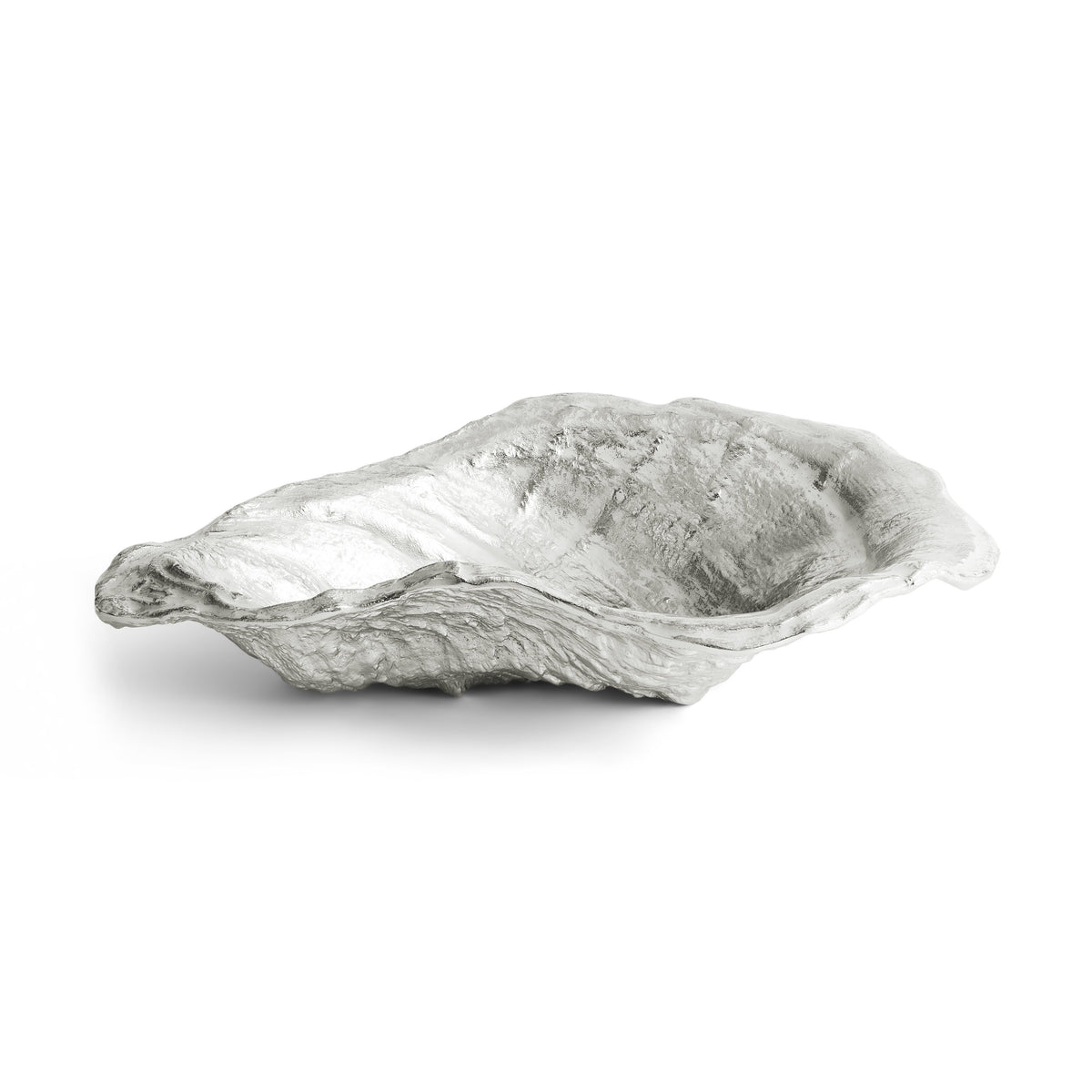 A silver, oyster shell-shaped serving bowl from the Michael Aram Ocean Reef Serveware and Barware Collection is displayed elegantly on a white background.