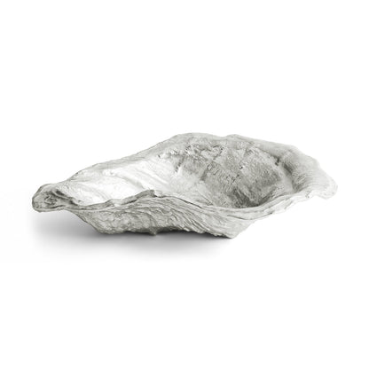 A silver, oyster shell-shaped serving bowl from the Michael Aram Ocean Reef Serveware and Barware Collection is displayed elegantly on a white background.