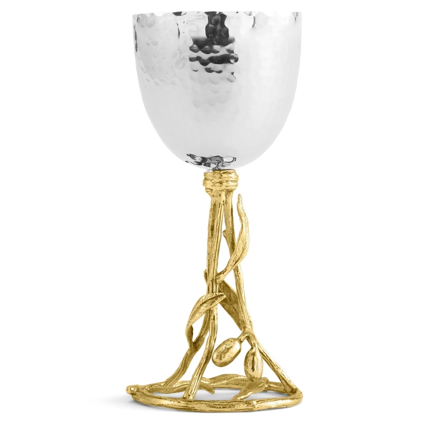 The Olive Branch Kiddush Cup by Michael Aram features a hammered silver goblet atop a gold, vine-inspired base with leaf and branch details—perfect as an elegant individual gift.