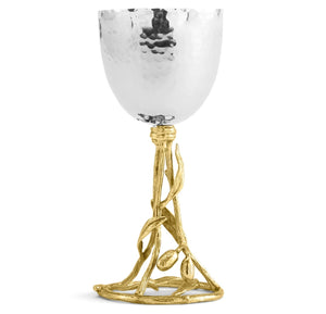 The Olive Branch Kiddush Cup by Michael Aram features a hammered silver goblet atop a gold, vine-inspired base with leaf and branch details—perfect as an elegant individual gift.
