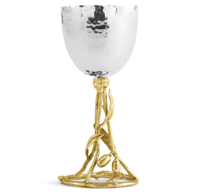 The Olive Branch Kiddush Cup by Michael Aram features a hammered silver goblet atop a gold, vine-inspired base with leaf and branch details—perfect as an elegant individual gift.