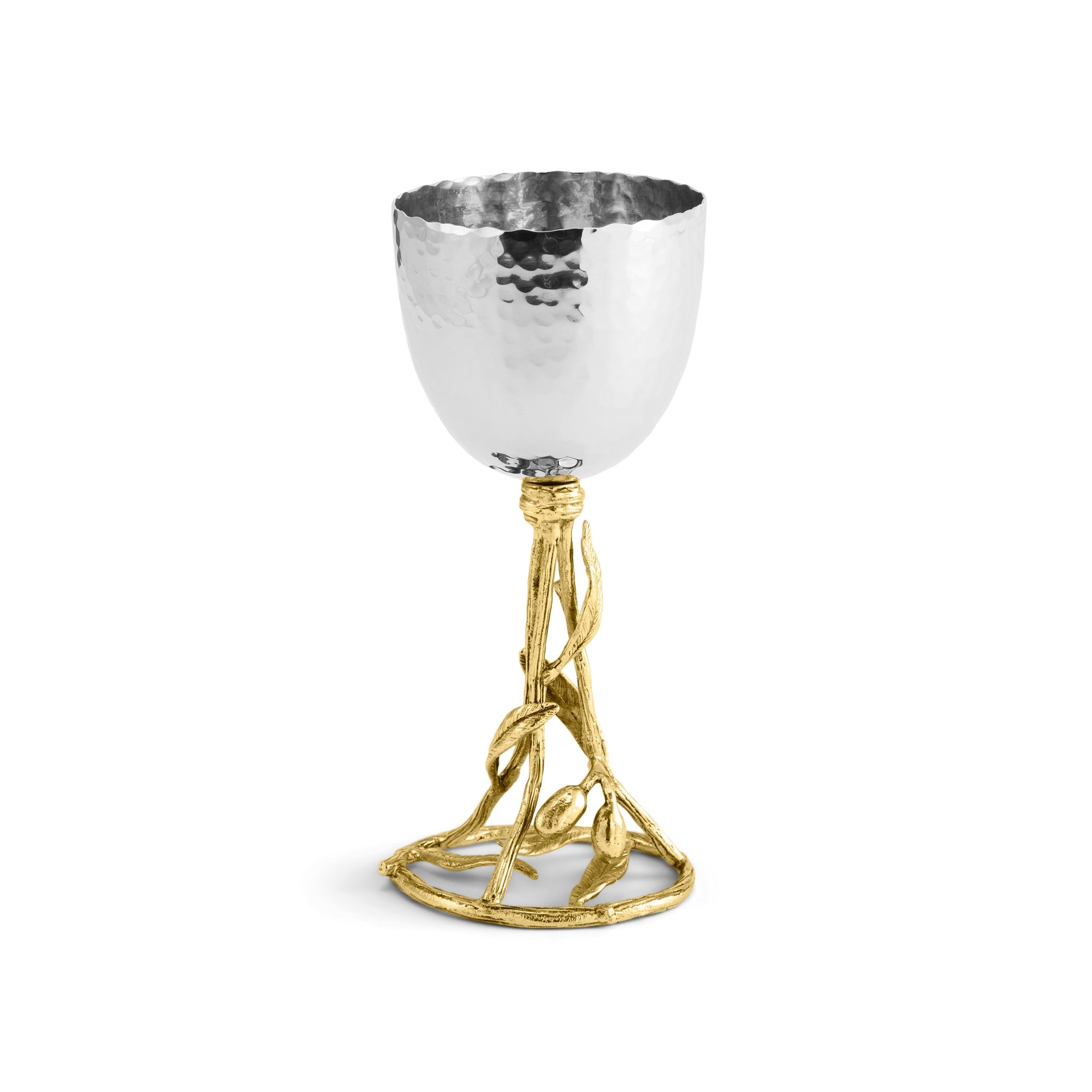 A silver hammered metal goblet from Michael Aram’s Olive Branch Judaica Collection with a gold, vine-inspired stem and base stands upright against a white background.