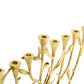 Inspired by Michael Aram’s Olive Branch Judaica Collection, this gold-toned metal menorah features multiple trumpet-shaped candle holders in a row with elegant stem and leaf details for a modern touch.