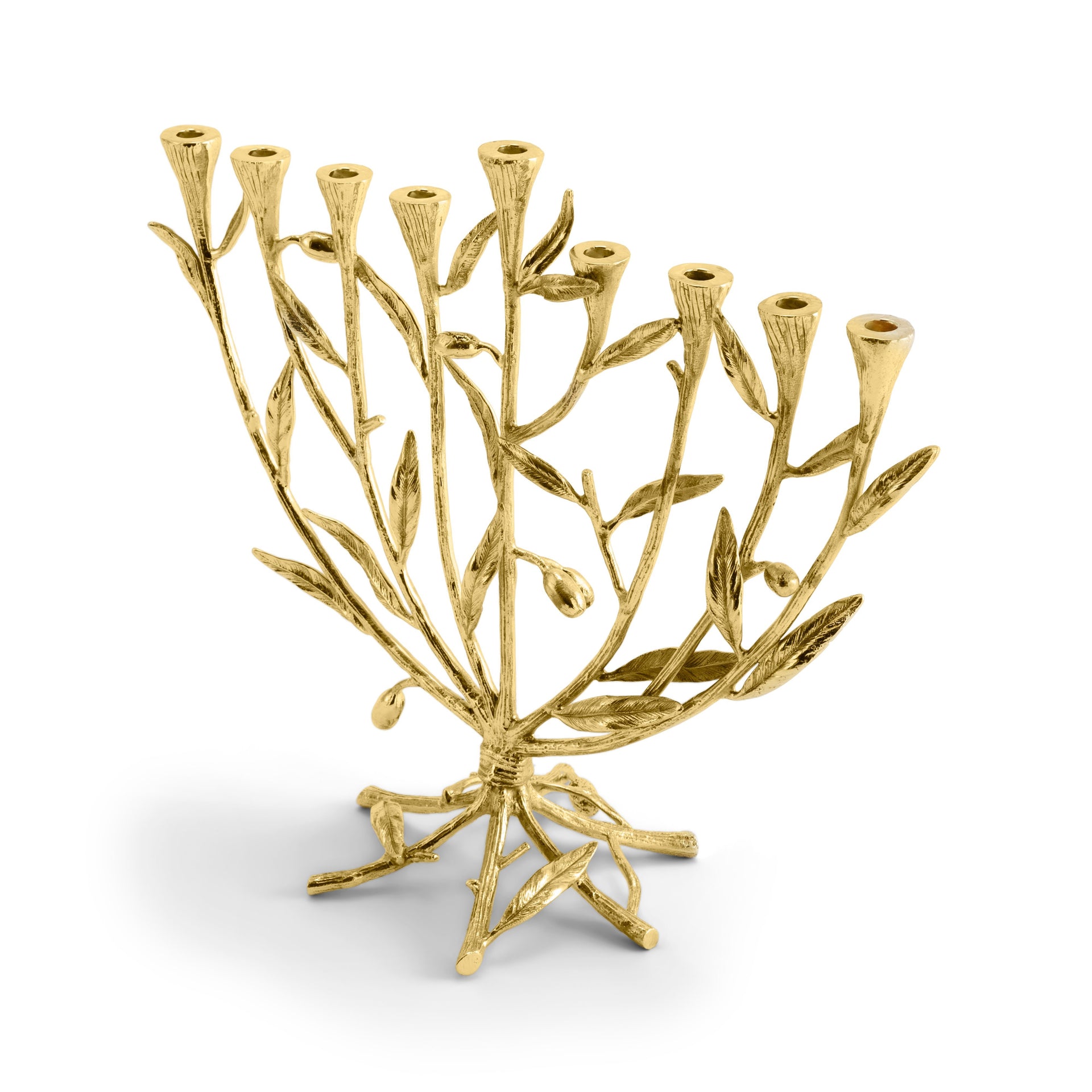 A gold menorah from Michael Aram’s Olive Branch Judaica Collection, designed to resemble a tree with branches, leaves, eight candle holders, and one central holder.